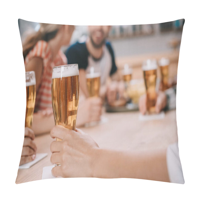 Personality  Cropped View Of Women Holding Glasses Of Light Beer While Sitting Together With Friends In Pub Pillow Covers