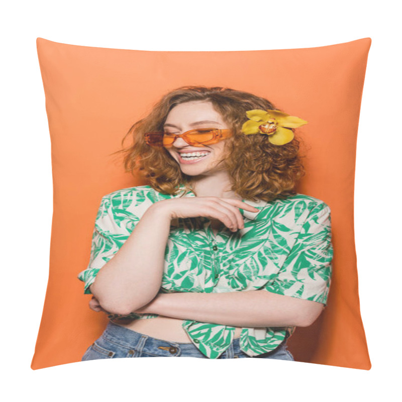 Personality  Happy Young Redhead Woman With Orchid Flower And Sunglasses Posing In Blouse With Floral Print And Jeans On Orange Background, Summer Casual And Fashion Concept, Youth Culture Pillow Covers