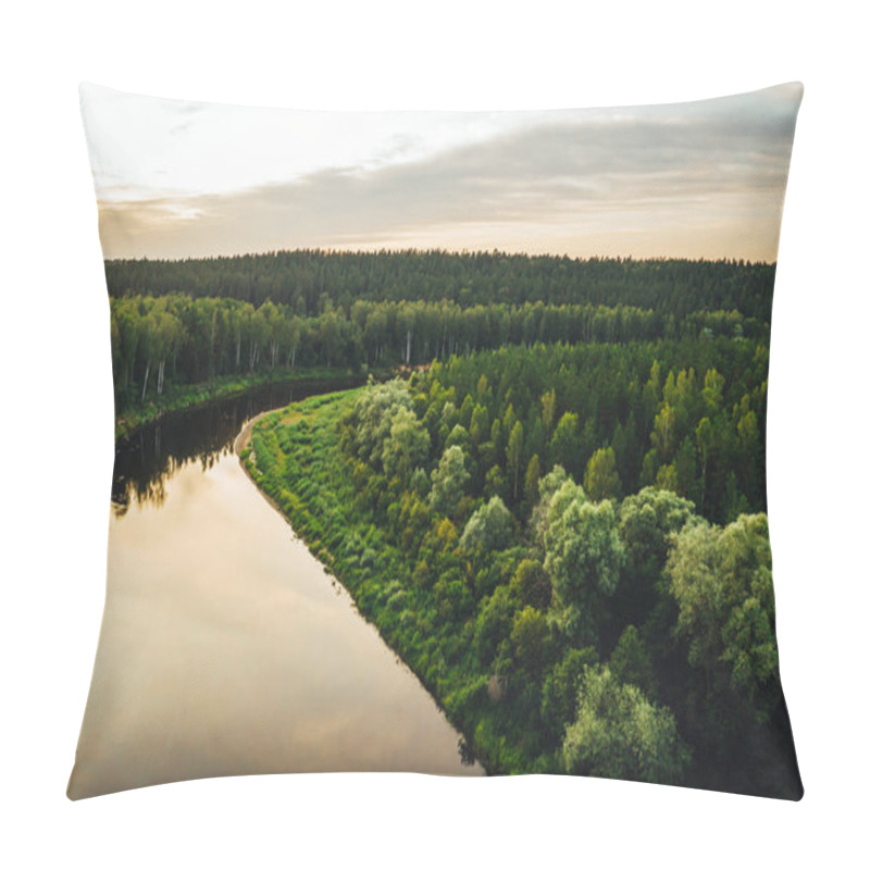 Personality  Aerial View From Drone On Forest River Shore And Green Forest Trees. Pillow Covers