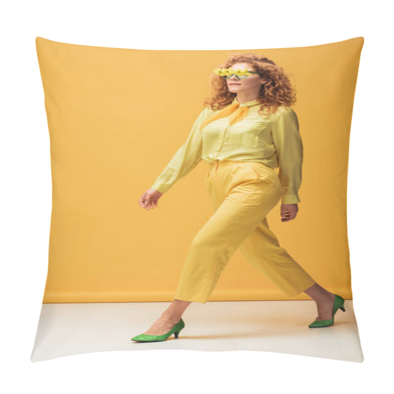 Personality  Stylish Redhead Woman In Sunglasses With Flowers Walking On Yellow  Pillow Covers