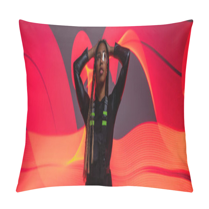 Personality  African American Woman In Smart Glasses Standing On Red Abstracted Background, Banner  Pillow Covers