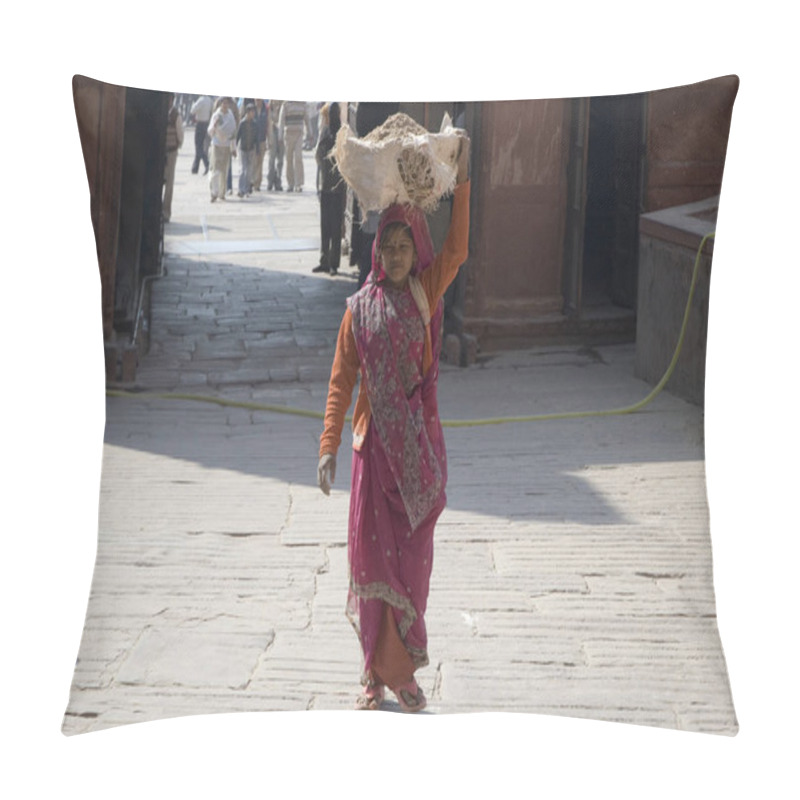 Personality  Indian Woman Carries Sand On Her Head. Indian Woman. India, New Delhi-January 31, 2009 Pillow Covers