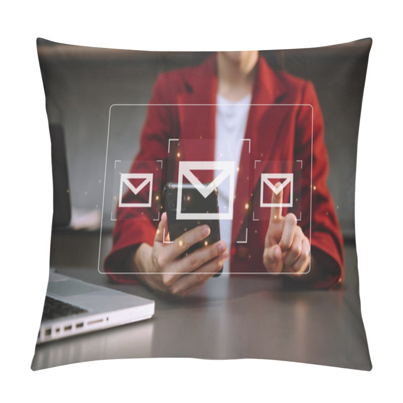 Personality  Asian Woman  Using Laptop, Phone And Surfing The Internet With Email Icon, Email Marketing Concept, Send E-mail Or Newsletter, Online Working Internet Network Technology Pillow Covers