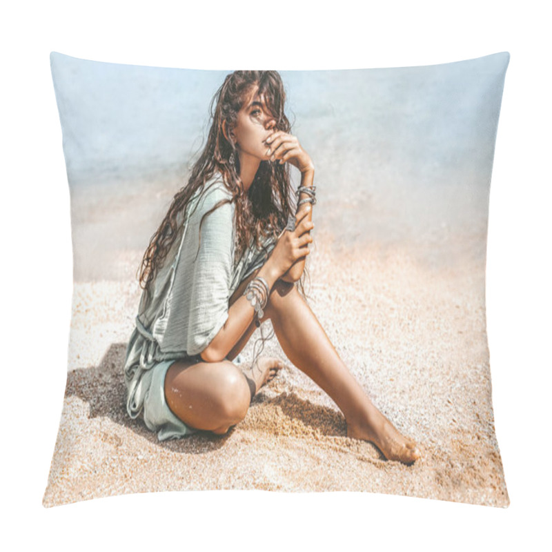 Personality  Beautiful Young Stylish Woman Sitting On Sand On The Beach Pillow Covers