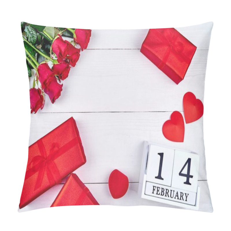 Personality  Red Gift Boxes With Ribbon Bow, Two Hearts, Bouquet Of Red Roses And Wooden Block Calendar February 14 On White Background. Greeting Card Mockup For Valentines Day. Love Concept. Top View, Flat Lay Pillow Covers