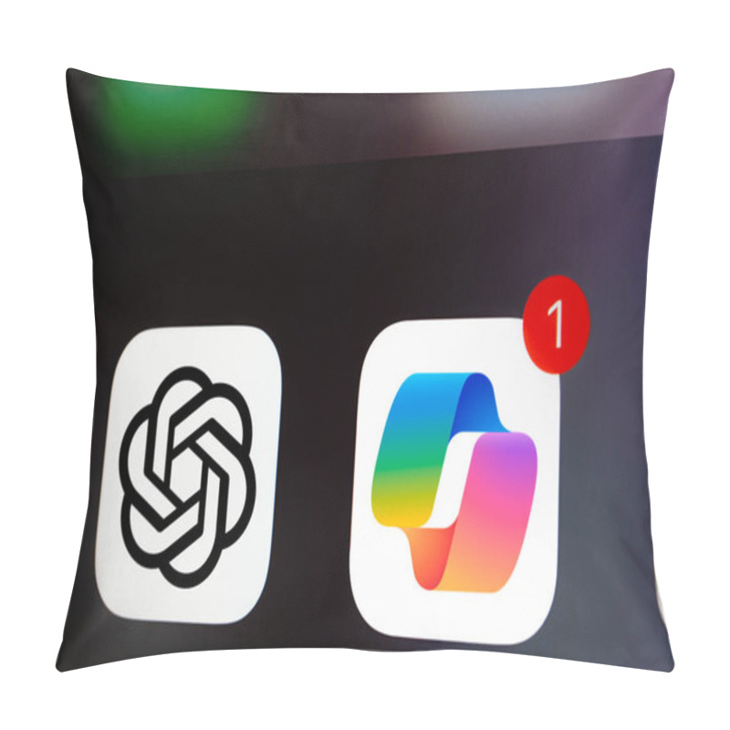 Personality  Dhaka, Bangladesh- 01 Jan 2025: A Close Up Of An IPhone Screen Displaying The Chatgpt And Microsoft Copilot App Icon. Pillow Covers