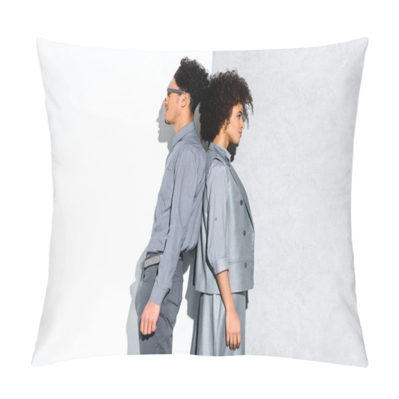 Personality  Young African Amercian Smiling Couple In Grey Suits Standing Back To Back On Grey And White Background  Pillow Covers