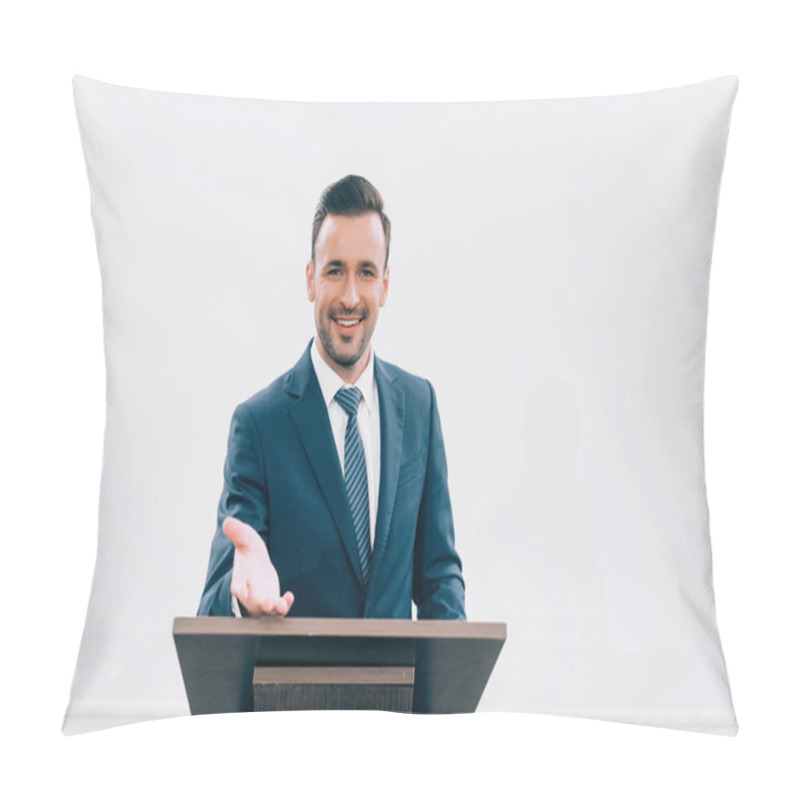 Personality  Smiling Lecturer Standing And Gesturing At Podium Tribune During Seminar In Conference Hall Pillow Covers