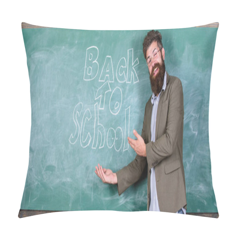 Personality  Welcome Back. Teacher Or Educator Welcomes Students While Stands Near Chalkboard With Inscription Back To School. Invitation To Celebrate Knowledge Day. Teacher Begin First Lesson After Holidays Pillow Covers