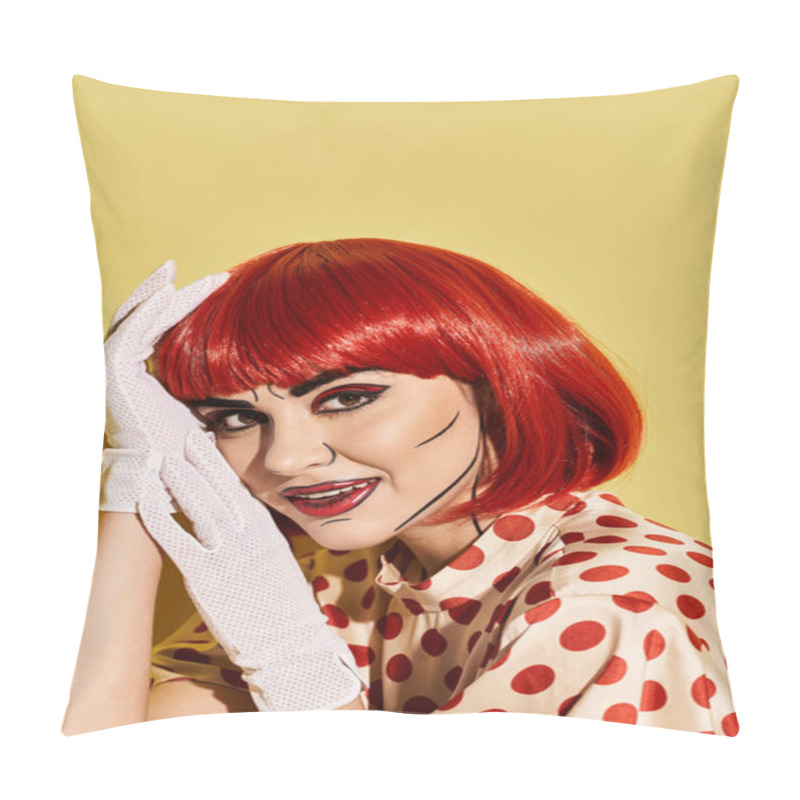 Personality  A Stunning Redhead Woman Wearing A Polka Dot Dress And White Gloves Against A Vibrant Yellow Background. Pillow Covers