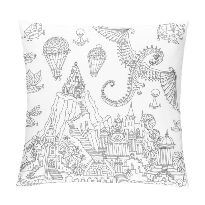 Personality  Fairy Tale Castle On A Mountain, Palm Trees, River Bank. Flying Dragon, Air Balloon And Dirigible. Coloring Book Page For Adults And Children Pillow Covers