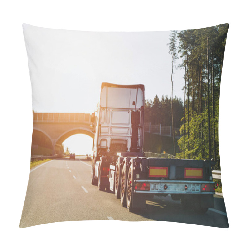 Personality  Cargo Truck On The Mountain Highway. Delivery Truck On The Europe Motorway. Global Delivery Concept. Pillow Covers