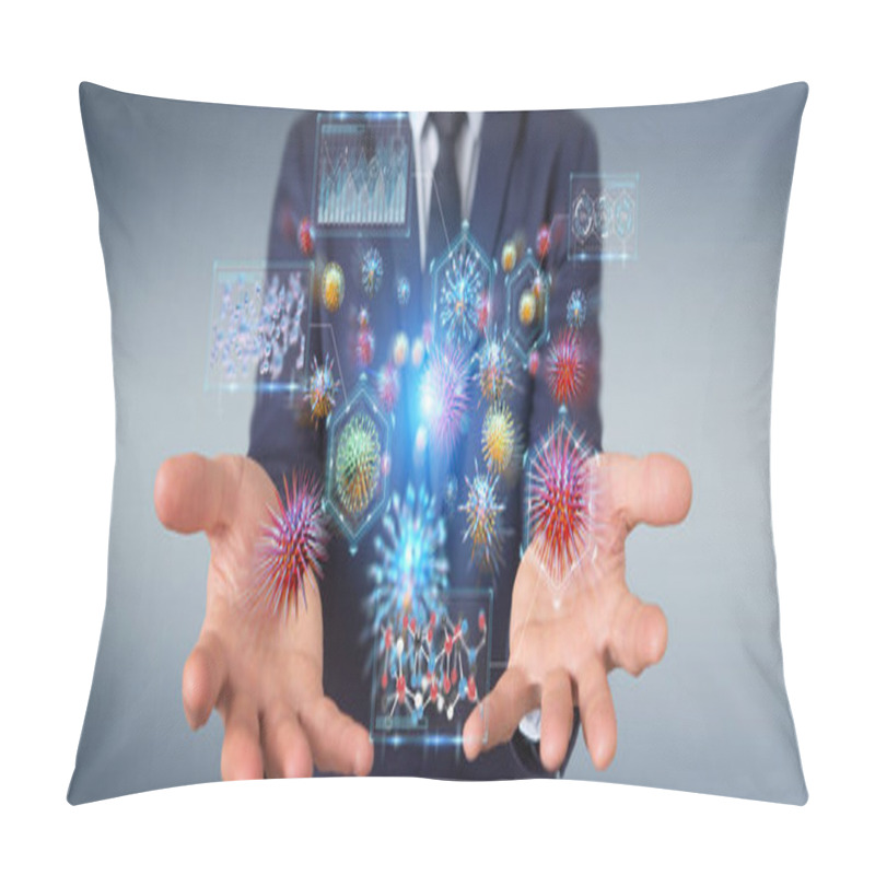 Personality  Businessman On Blurred Background Analyzing Bacteria Microscopic Close-up 3D Rendering Pillow Covers