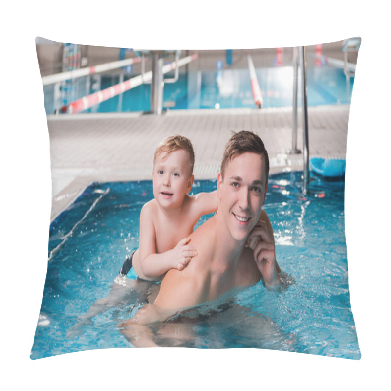 Personality  Cheerful Toddler Kid And Swim Coach Looking At Camera In Swimming Pool  Pillow Covers