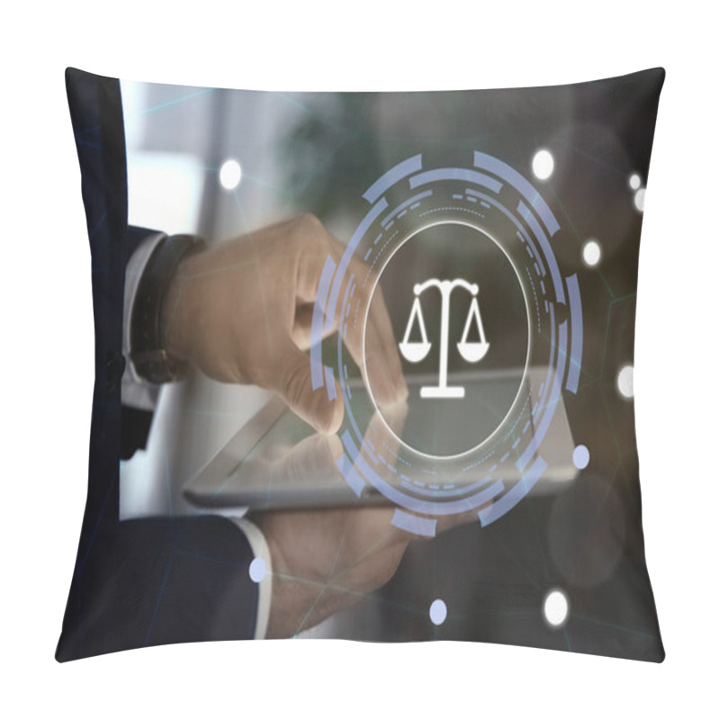 Personality  Scales Icon And Lawyer Using Tablet At Workplace, Closeup  Pillow Covers