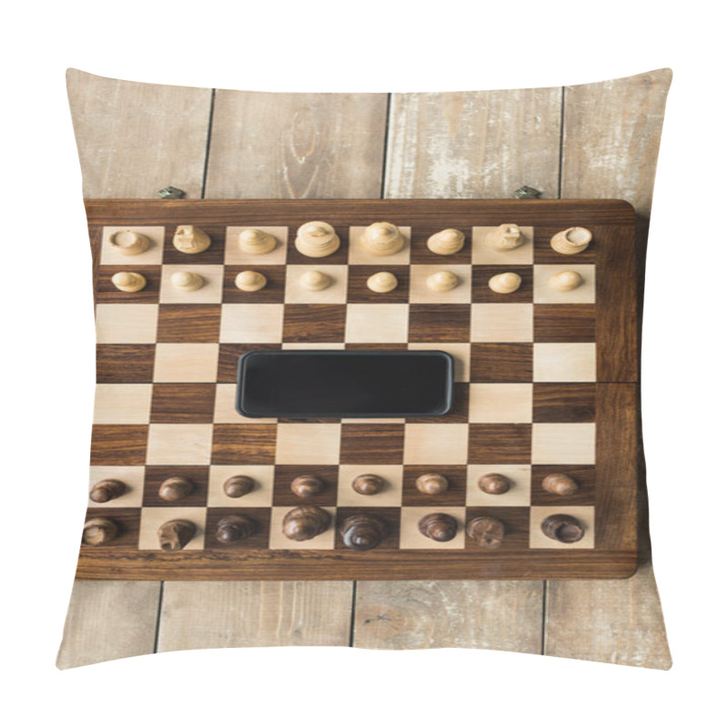 Personality  Top View Of Chess Board With Smartphone And Chess Pieces On Wooden Surface Pillow Covers