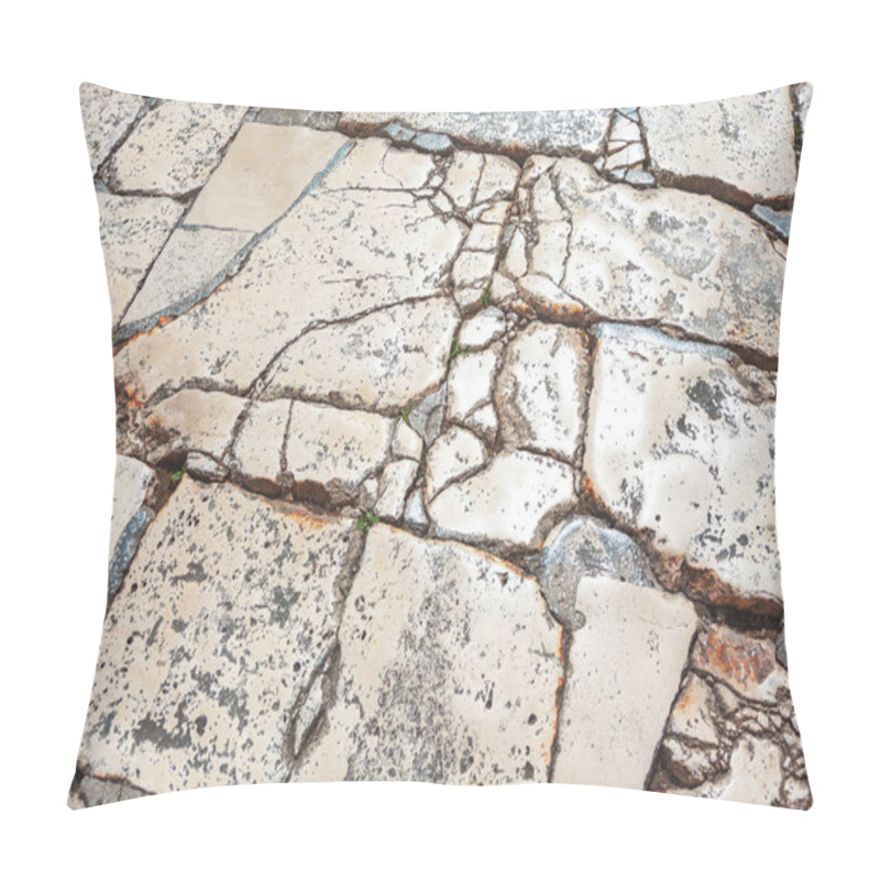 Personality  Section Of An Old Cracked Stone Pavement. The Stones Are Irregularly Shaped Have Numerous Cracks And Fissures, Some Areas Appearing More Worn And Eroded. Effects Of Time And Weather On Stone Surfaces Pillow Covers