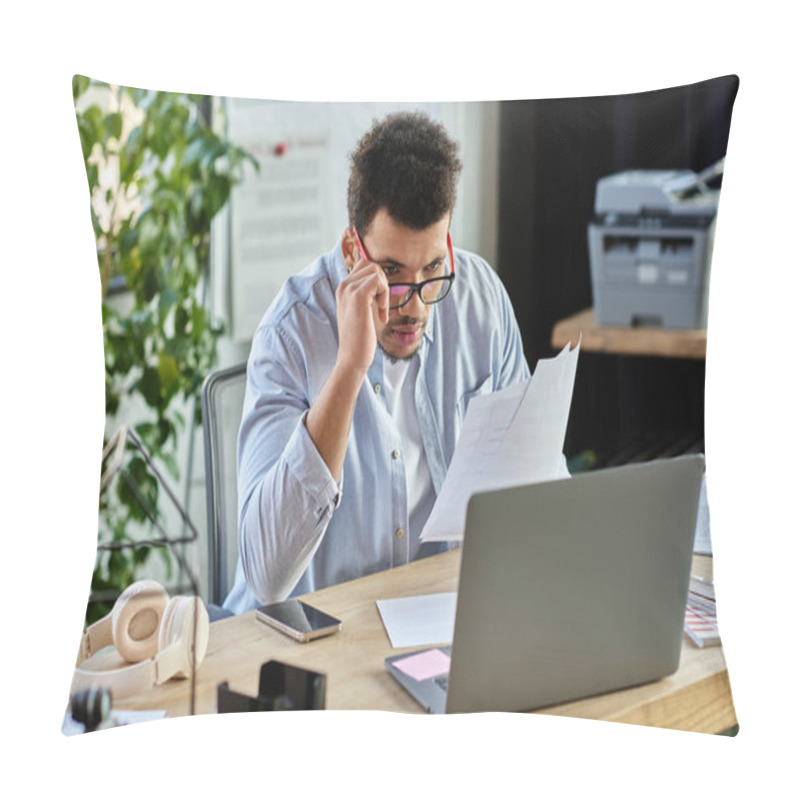 Personality  Handsome Man Analyzes Important Documents While Concentrating At A Modern Desk During The Day. Pillow Covers