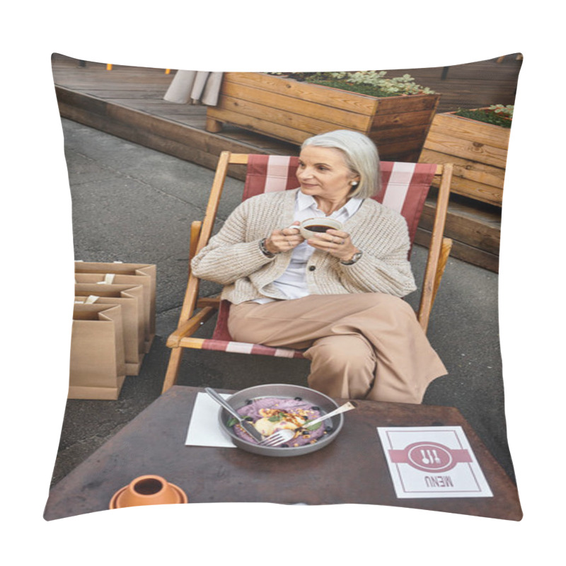 Personality  A Mature Woman With Gray Hair Relaxes In A Fashionable Cafe, Sipping Coffee And Savoring Life. Pillow Covers