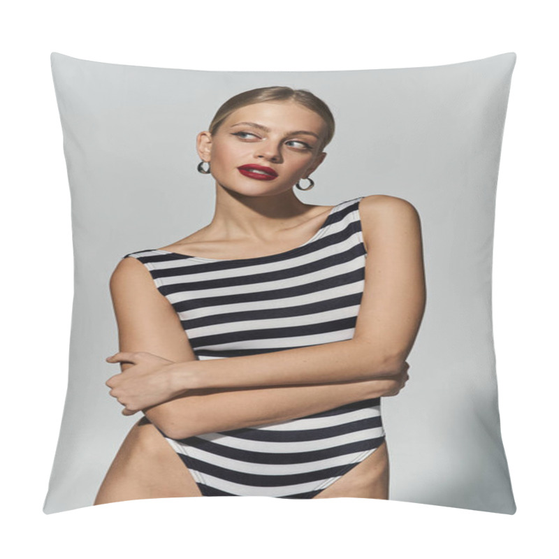 Personality  A Fashionable Blonde Woman Graces The Scene In A Black And White Striped One Piece Swimsuit. Pillow Covers