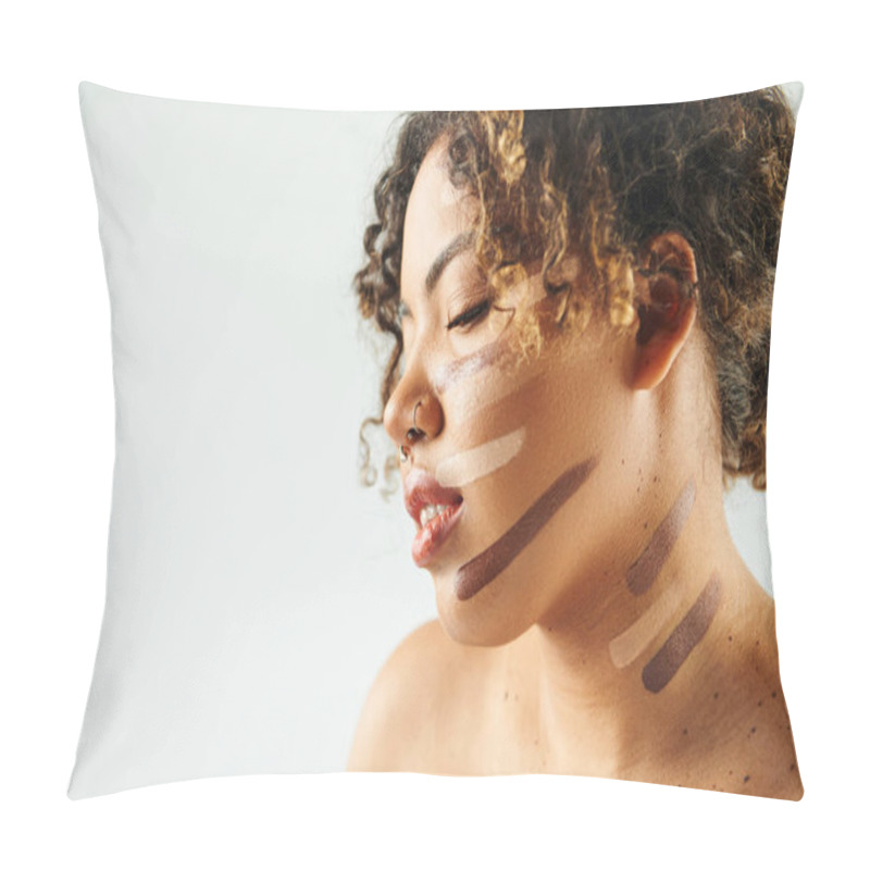 Personality  Appealing African American Woman With Foundation On Face Poses Against Vibrant Backdrop. Pillow Covers