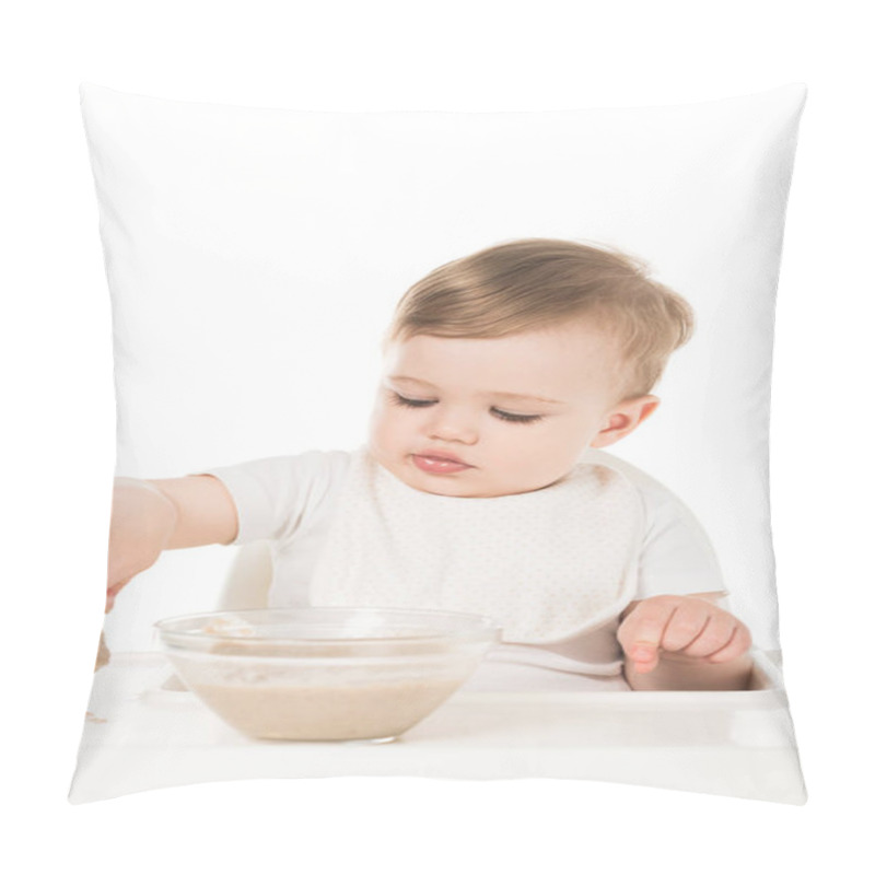 Personality  Baby Boy Eating Porridge By Spoon And Sitting In Highchair Isolated On White Background  Pillow Covers