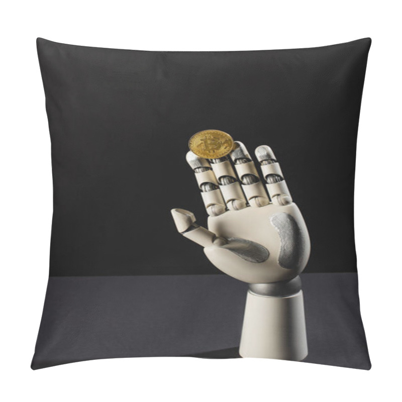 Personality  KYIV, UKRAINE - APRIL 26, 2022: Bitcoin And Robotic Hand On Black Background Pillow Covers