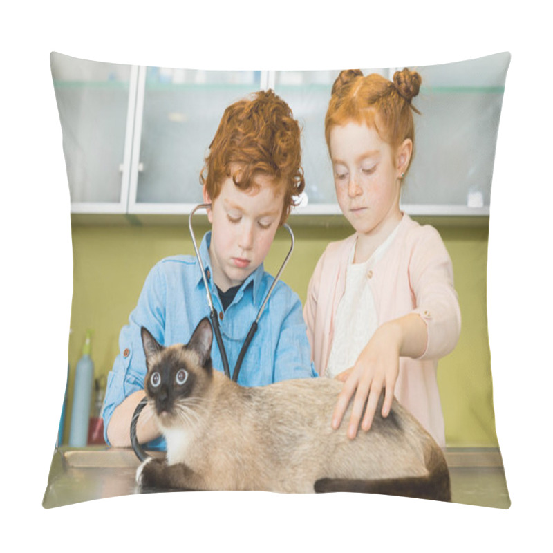 Personality  Boy And Girl Ausculting Cat At Clinic  Pillow Covers