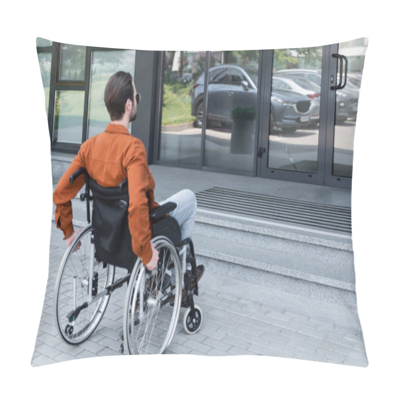 Personality  Young Disabled Man In Wheelchair Near Entrance Of Building With Stairs Pillow Covers