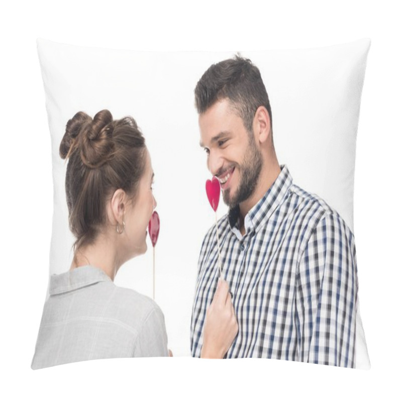 Personality  Attractive Couple Touching Each Other With Paper Hearts Isolated On White, Valentines Day Concept Pillow Covers