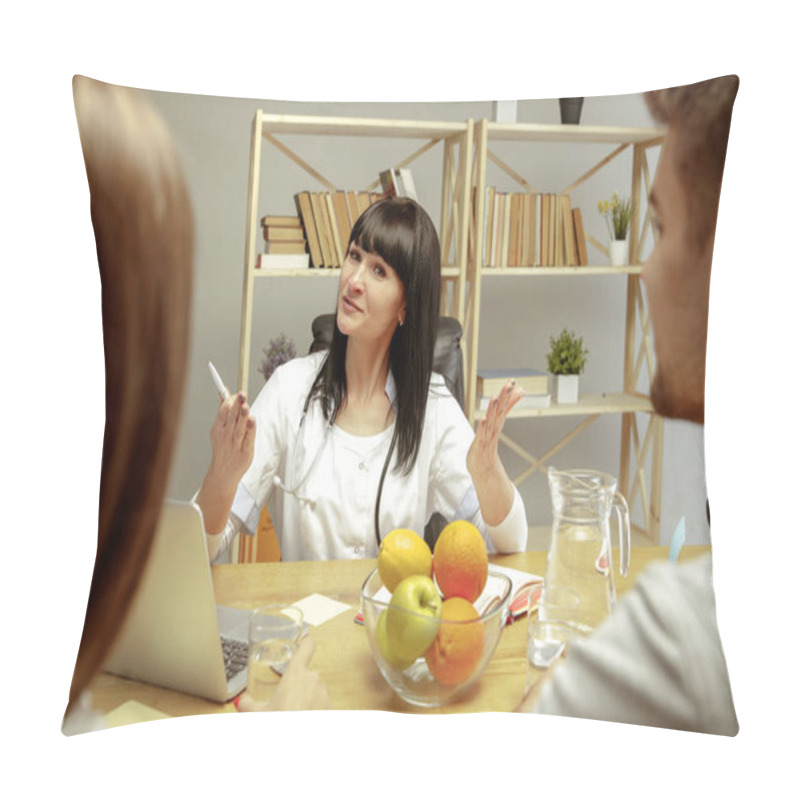 Personality  Smiling Nutritionist Showing A Healthy Diet Plan To Patient Pillow Covers