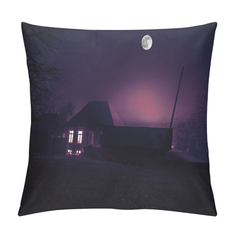 Personality  House In Fog At Night In The Garden, Landscape Of Ghost House In The Dark Forest With Big Full Moon Pillow Covers