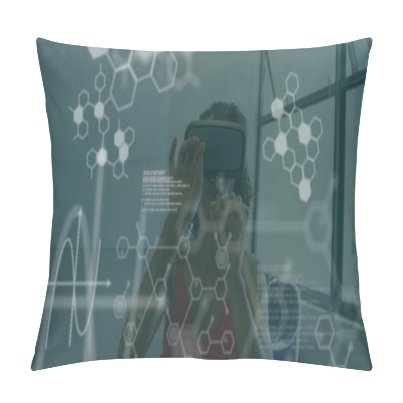 Personality  Image Of Chemical Compounds And Medical Data Processing Over Woman Wearing Vr Headset. Science And Data Processing Concept Digitally Generated Image. Pillow Covers