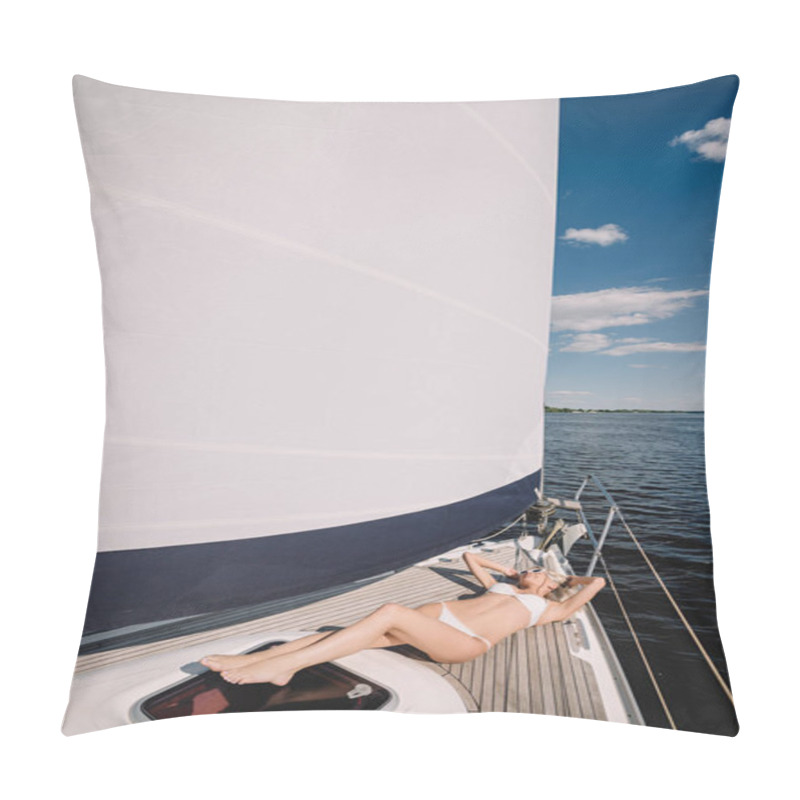 Personality  Attractive Young Woman In Swimwear Relaxing And Having Sunbath On Yacht  Pillow Covers