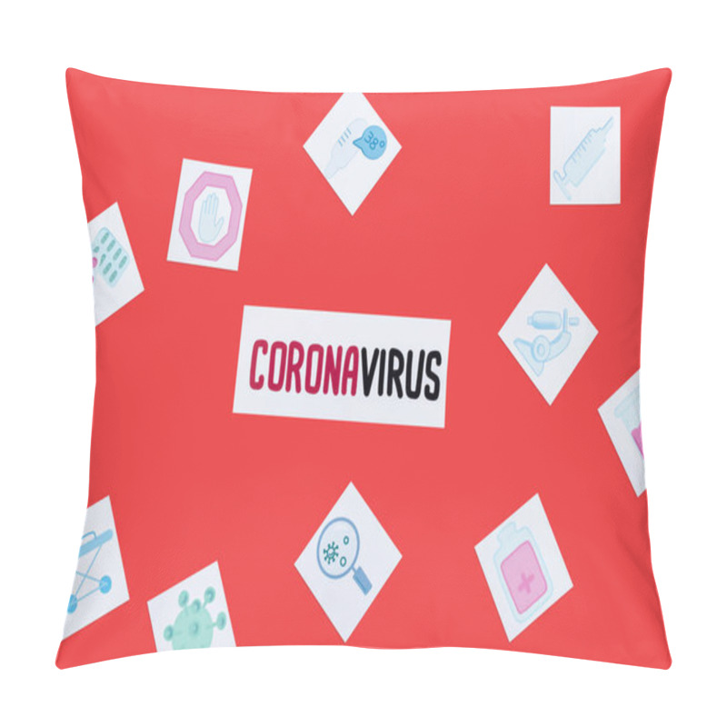 Personality  Top View Of Card With Coronavirus Lettering Near Drawn Medical Pictures Isolated On Red  Pillow Covers