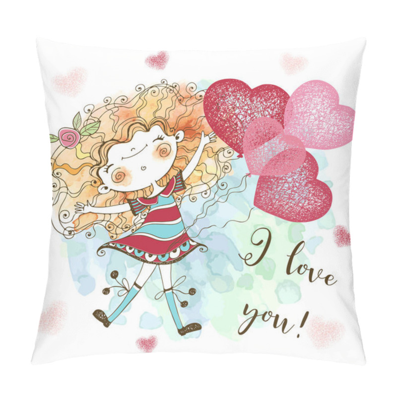 Personality  A Valentine's Day Card. Cute Girl With Balloons In The Form Of Hearts. Be My Valentine. Vector. Pillow Covers