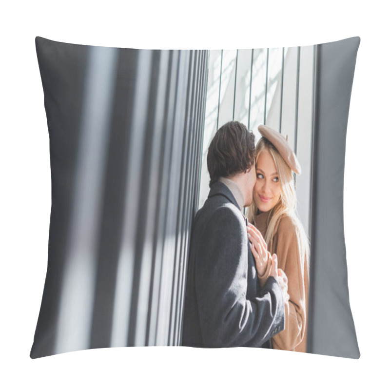 Personality  Young And Happy Woman In Beret Embracing With Man In Coat Near Blurred Fence Pillow Covers