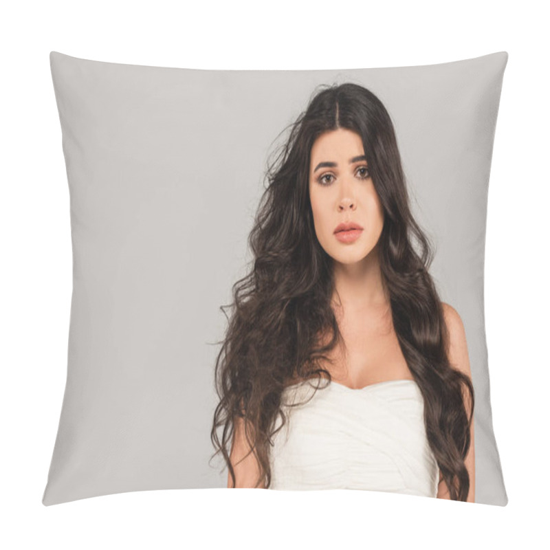 Personality  Sad Woman With Long And Tousled Hair Looking At Camera Isolated On Grey Pillow Covers