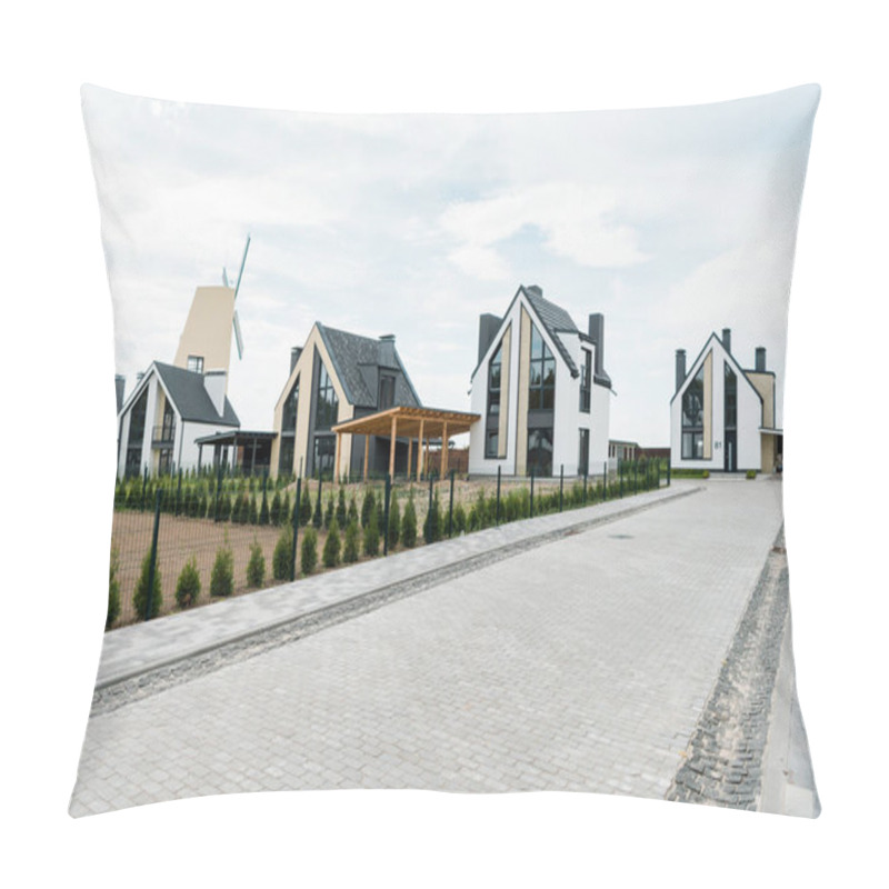 Personality  Street With New Modern And Luxury Houses Near Green Plants And Trees Pillow Covers