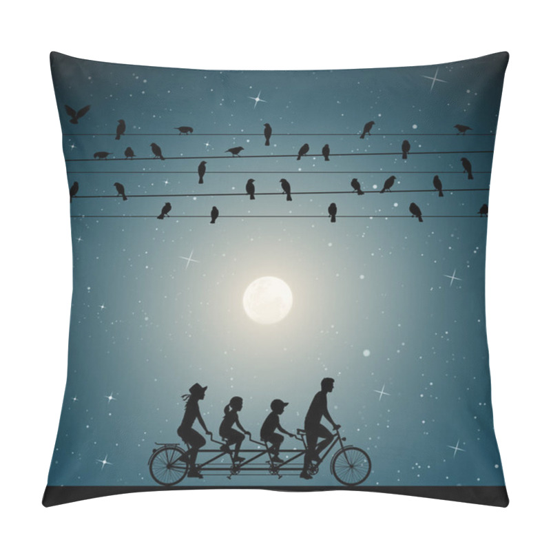 Personality   Family On Bike Tandem Under Birds On Wires On Moonlit Night Pillow Covers