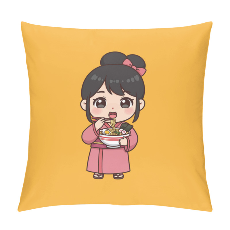 Personality  A Cute Anime-style Girl In A Pink Kimono Happily Slurps Ramen Noodles. The Scene Is Cheerful And Inviting, With A Bowl Of Steaming Noodles In Her Hands. A Delightful Illustration! Pillow Covers