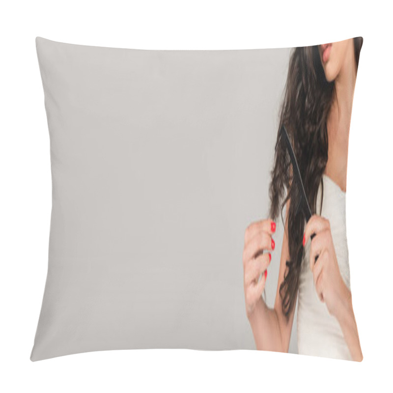 Personality  Partial View Of Brunette Woman Brushing Long And Damaged Hair With Comb Isolated On Grey, Banner Pillow Covers