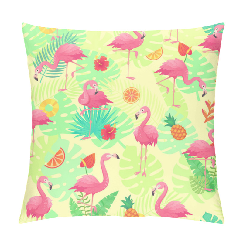 Personality  Exotic Pink Flamingos, Tropical Plants And Jungle Flowers Monstera And Palm Leaves. Tropic Flamingo Cartoon Seamless Vector Background Pattern Pillow Covers