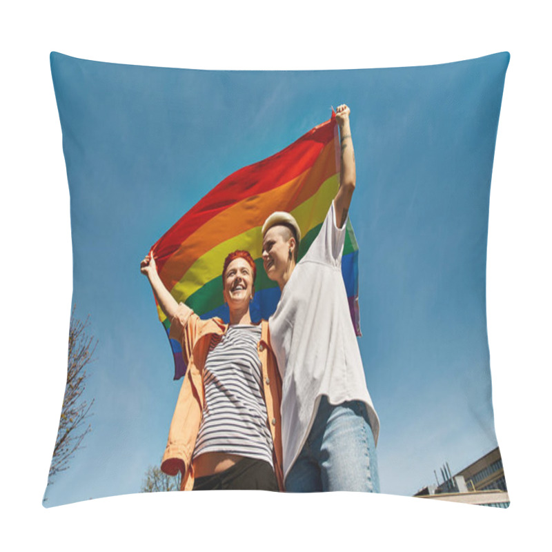 Personality  A Young Couple Proudly Hold A Rainbow Flag, Symbolizing Love And Support For The LGBTQ Community. Pillow Covers