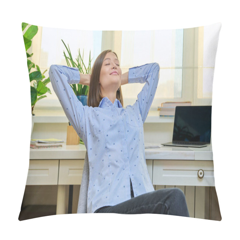 Personality  Relaxed Young Woman With Her Eyes Closed And Her Hands Behind Her Head, Sitting On Chair Near Table With Computer Laptop. Resting Student After Online Classes, Young Female Freelancer Working Remotely Pillow Covers