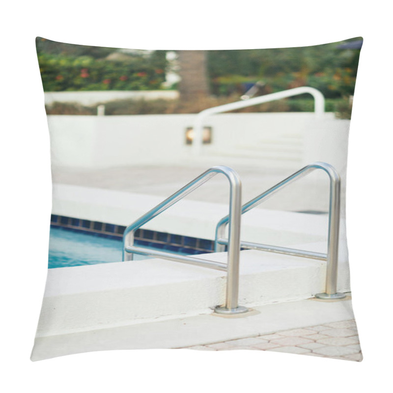 Personality  Outdoor Swimming Pool With Bright Blue Water And Metallic Pool Ladder With Stainless Handrails In Luxury Hotel Resort, Blurred Background, Vacation And Holiday Concept  Pillow Covers