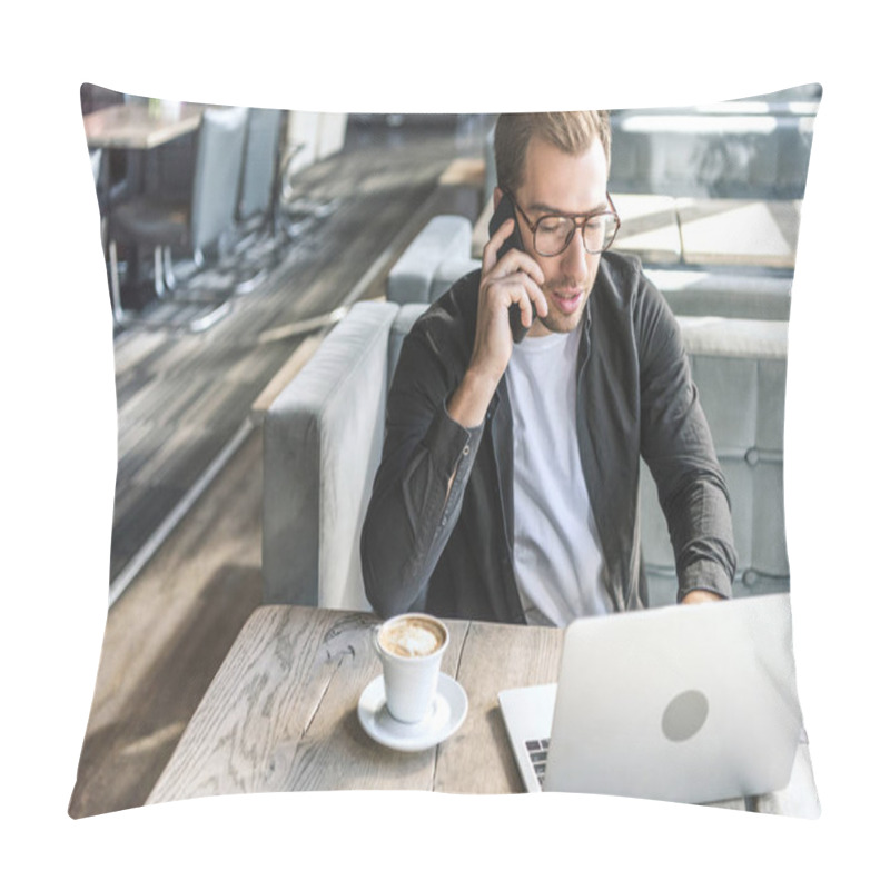 Personality  Attractive Young Freelancer Working With Laptop And Talking By Phone In Cafe Pillow Covers