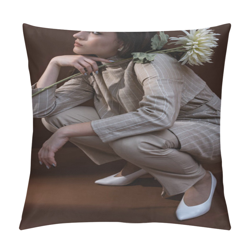 Personality  Adult Woman Holding White Chrysanthemum In Hands, Sitting On Brown Background Pillow Covers