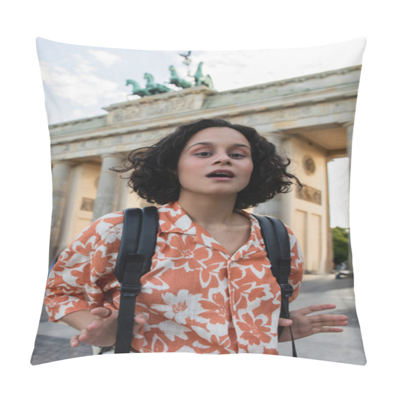 Personality  Surprised Young Tourist With Backpack Standing Near Brandenburg Gate In Berlin  Pillow Covers