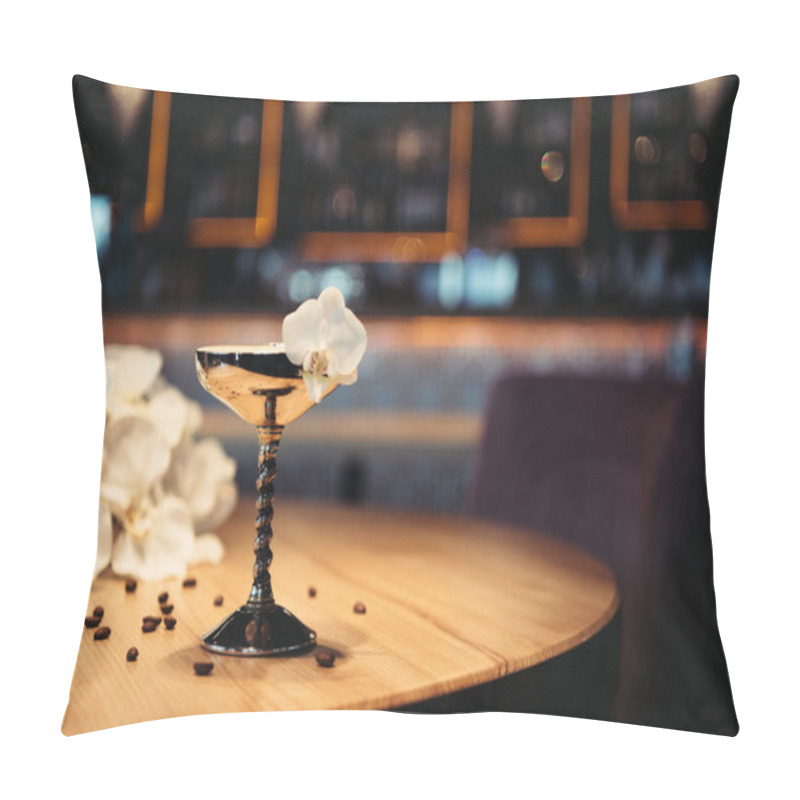 Personality  Alcoholic Cocktail In Metal Glass Decorated With Orchid Flower And Coffee Beans On Wooden Table Pillow Covers